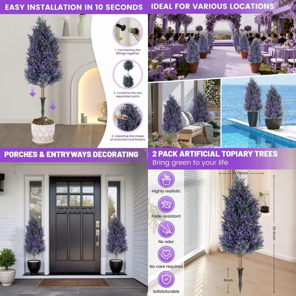 Pair of 3-Foot UV-Resistant Artificial Lavender Topiary Trees with Spikes for Outdoor or Indoor Garden Decoration