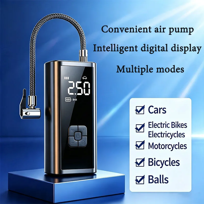 Bomba de Ar Elétrica Portátil Sem Fio para Carro com Display LCD, Compressor Inflador para Motocicleta, Bicicleta e Bolas
