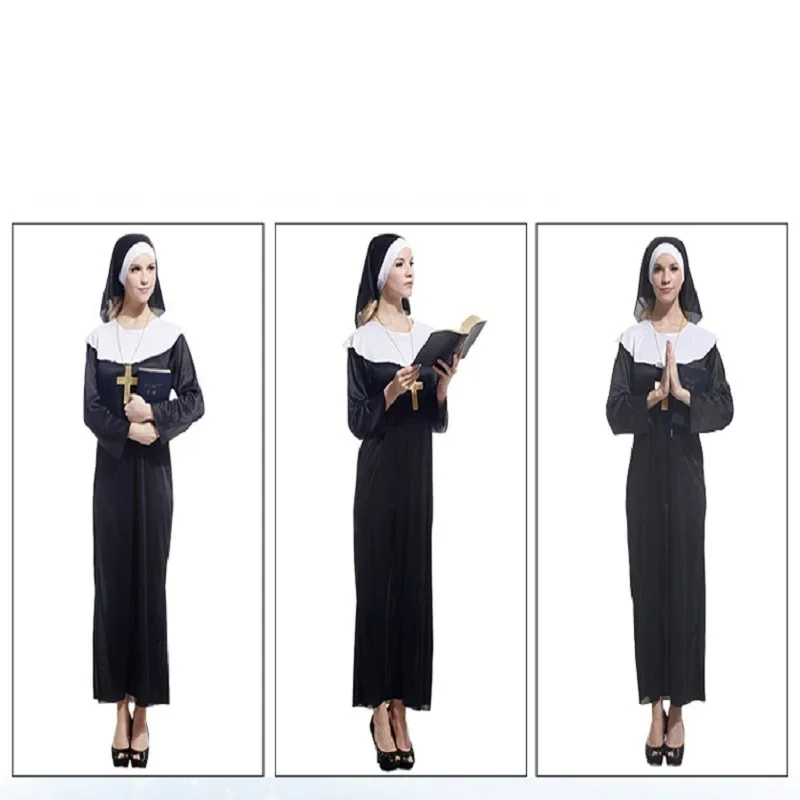 Black Classic Priest Costumes With Cross Necklace Adult Jesus Virgin Mary Pastor Nun Cosplay Party Performace Halloween Clothes