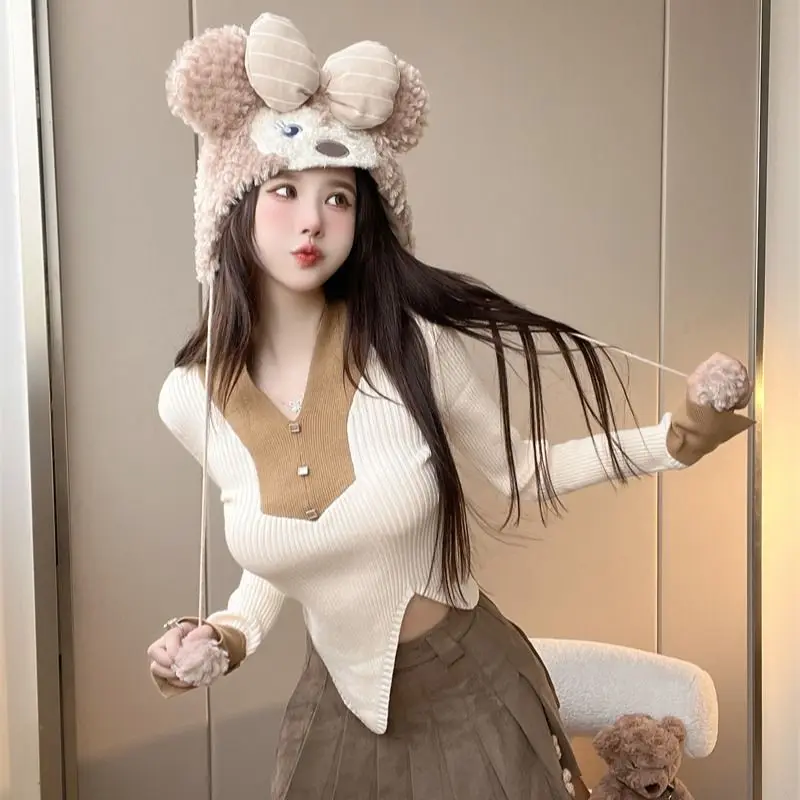 Women Clothing Spring Autumn Fashion Korean Simplicity All-match Button Color Blocking Turn-down Collar Knitting Long Sleeve Top