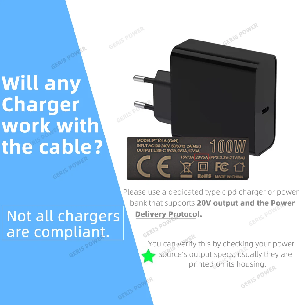 USB Tipo C Laptop Power Adapter, cabo de carregamento, DC Jack Plug, Dual E-Mark Chip Converter, Ajuste para HP, Asus, Lenovo, Laptops Dell, 100W