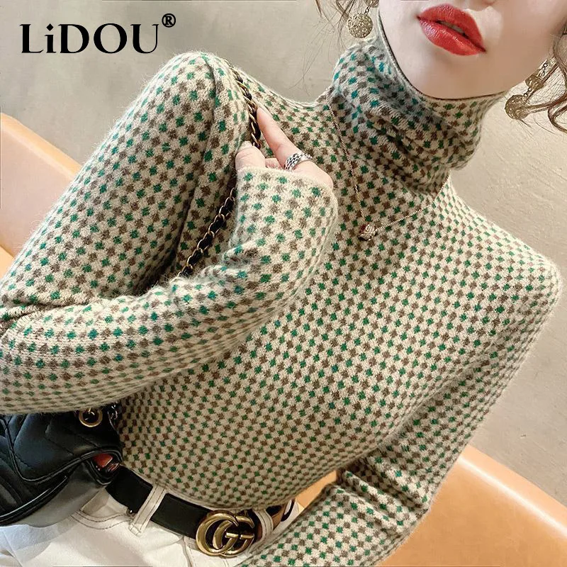 Autumn Winter Fashion Temperament Korean Undershirt Striped Turtleneck High Elastic Top Woman Chic Print Sweater Female Clothes