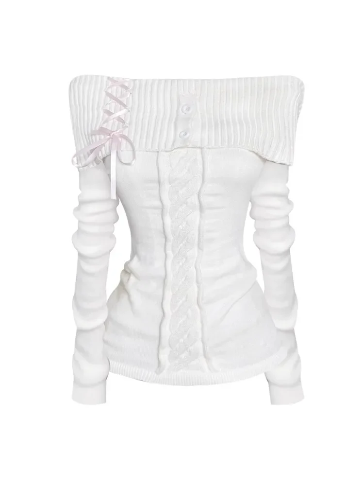 

Женский белый винтажный пуловер, вязаный свитер Y2k, эстетический Харадзюку 90-х годов, элегантные свитера с длинными рукавами, модная одежда 2000-х годов, осень