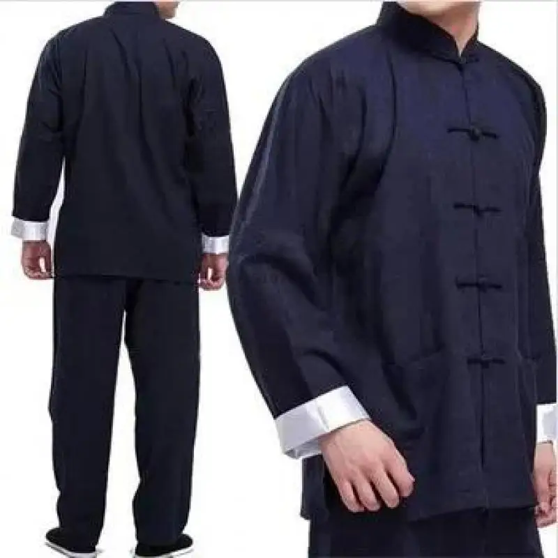 Men's Traditional Chinese Tang Suit Set Cotton Mandarin Collar Frog Button Kung Fu Tai Chi Jacket Pants Plus Size Casual Wear