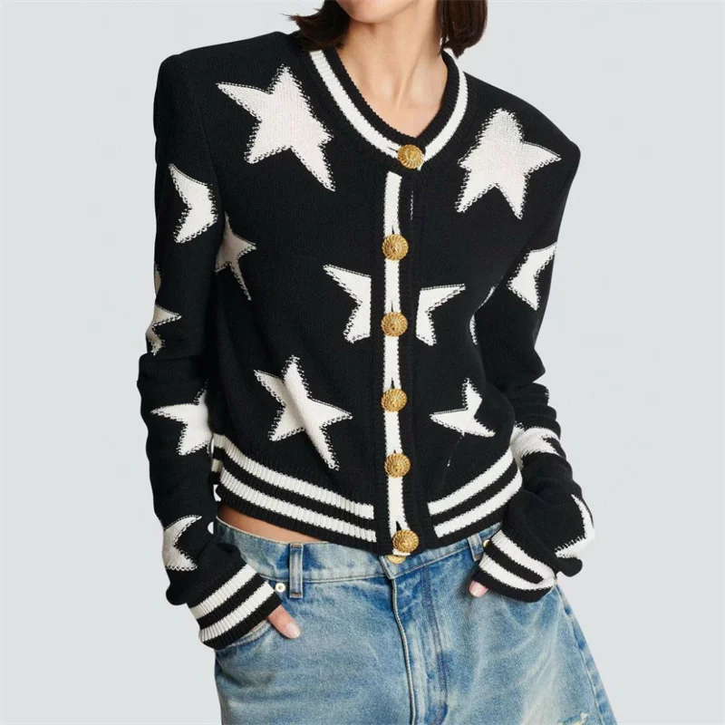 sweater women 2024 Spring Five pointed Star Printed Cardigan for Women Elastic knitted shoulder pad long sleeved top knitwears