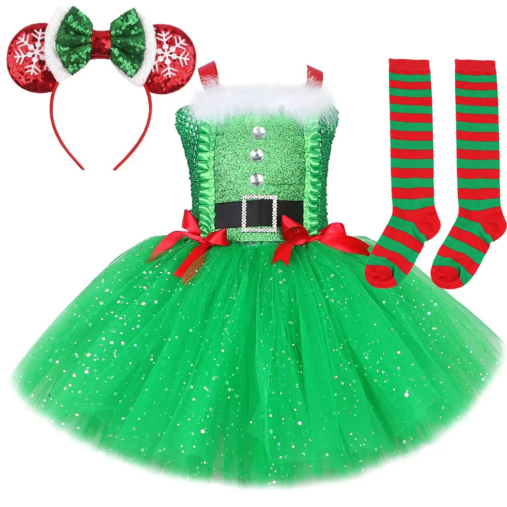 Sparkly Christmas Santa Claus Costumes for Girls New Years Holiday Princess Dresses for Kids Xmas Party Disguise Tutus Outfit