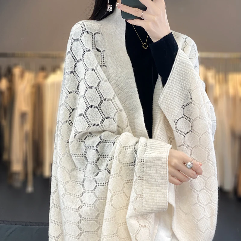 100% Merino Wool New Fashion Spring Cardigan For Women Grace Soft  Knitted Scarf Hollow out Spherical Design Korean Style Shawls