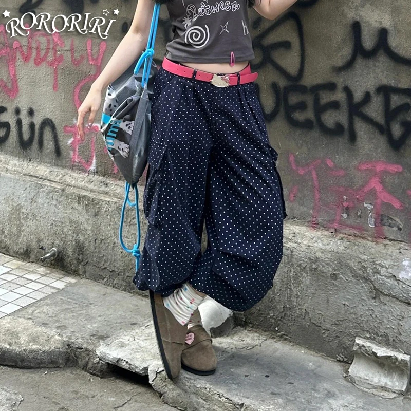 

RORORIRI Vintage Pleated Polka Dot Cargo Jorts Women Big Pockets Loose Casual High Waist Wide Leg Shorts Y2k Summer Streetwear