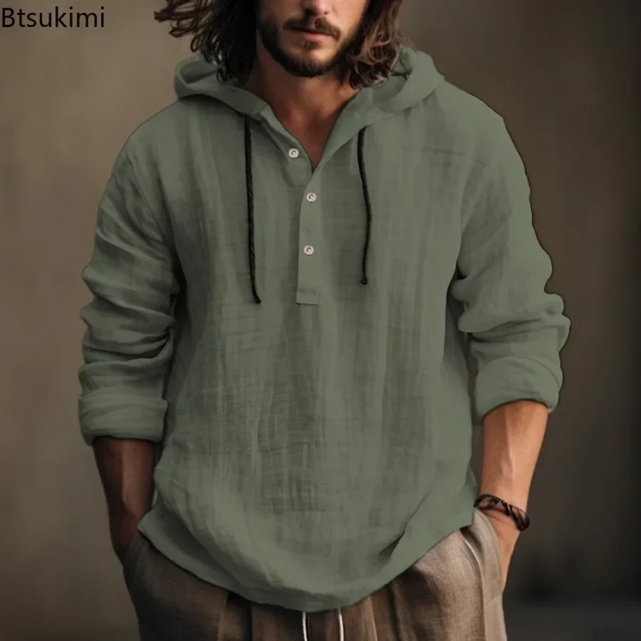 New2025 Men's Casual Cotton Linen Shirts Hoodies Comfortable Breathable Solid Pullovers Tops Soft Daily Wear Men's Clothing Tops