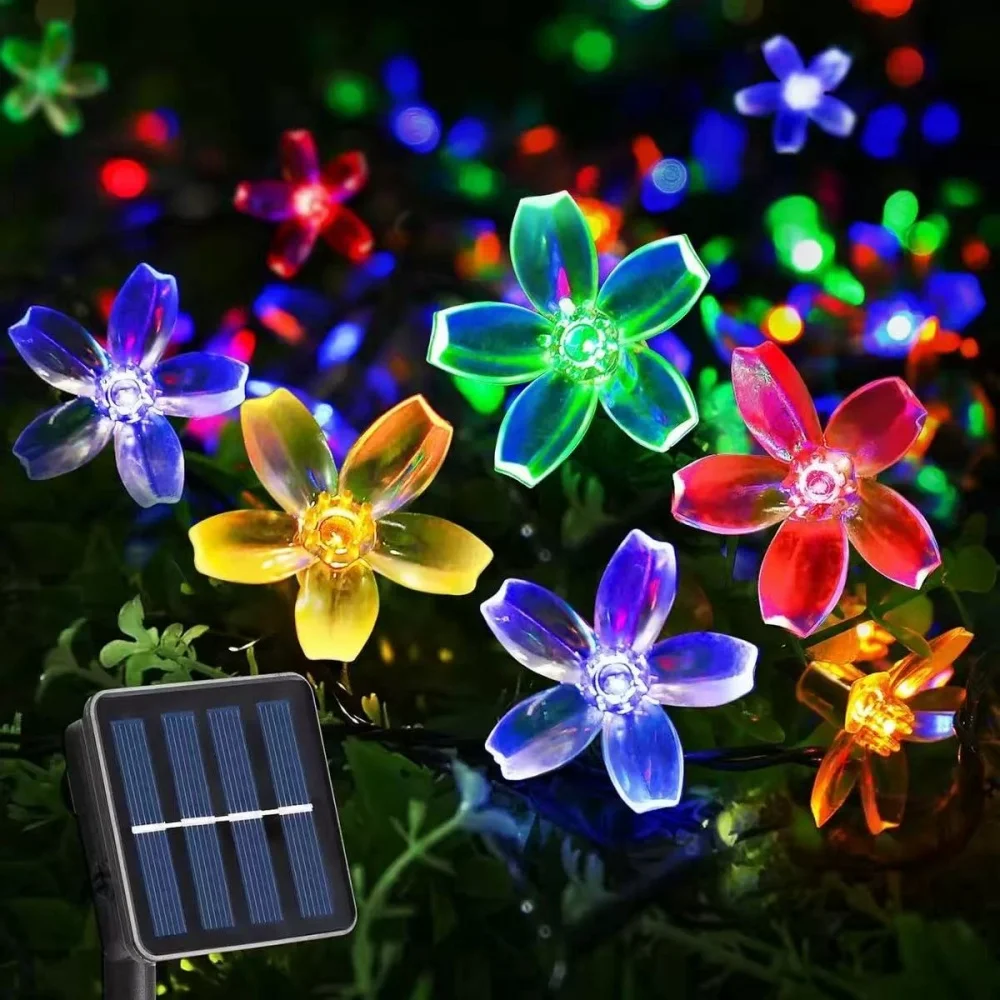 Outdoor Solar Powered Colorful Cherry Blossom LED String Lights Waterproof Fairy Lights for Yard Festival Wedding Decor