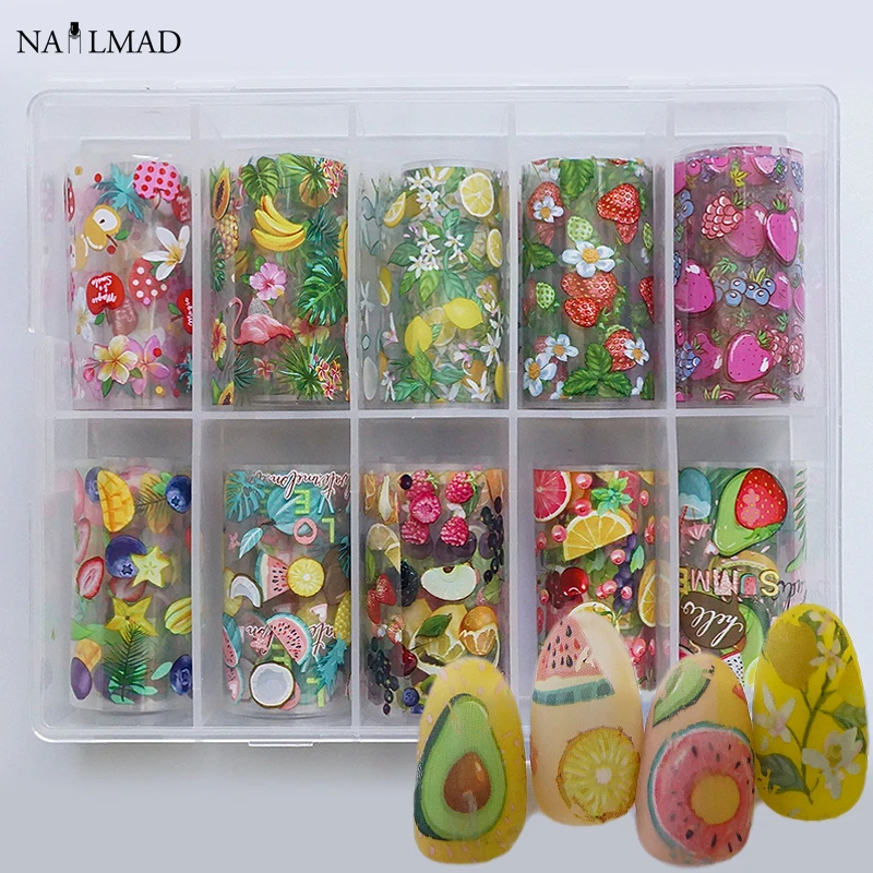 

10rolls/box Fruit Lemon Nail Foils Sticker Summer Design Nail Art Sliders Cherry Watermelon Avocado Manicure Decoration 4*100cm