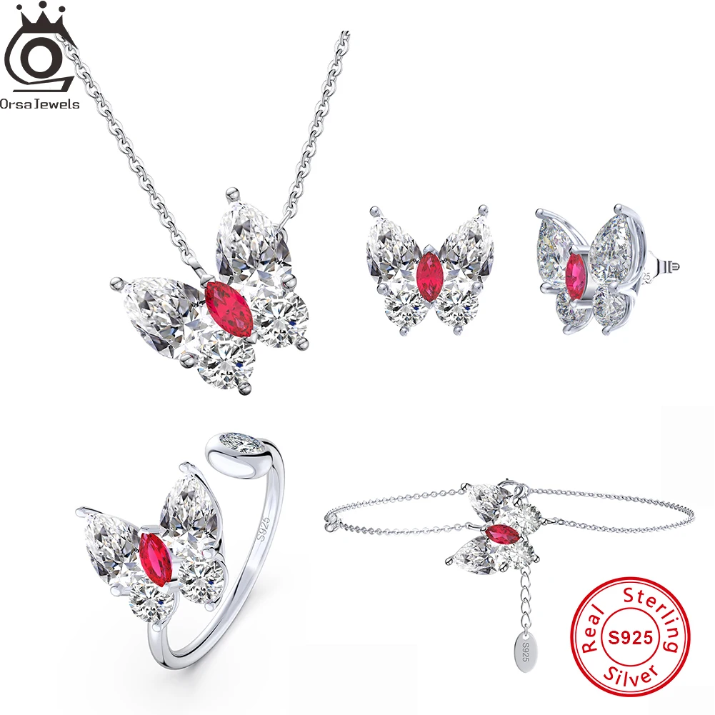 

ORSA JEWELS 925 Sterling Silver Ruby Butterfly Pendant Necklace Bracelet Earrings Ring with Clear 8A Cubic Zirconia Jewelry Set