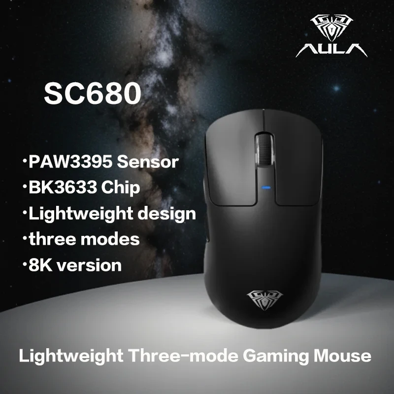 ماوس ألعاب AULA SC680 لاسلكي ثلاثي الأوضاع وخفيف الوزن، سلكي/2.4G/بلوتوث، عمر بطارية طويل للرياضات الإلكترونية والشحن