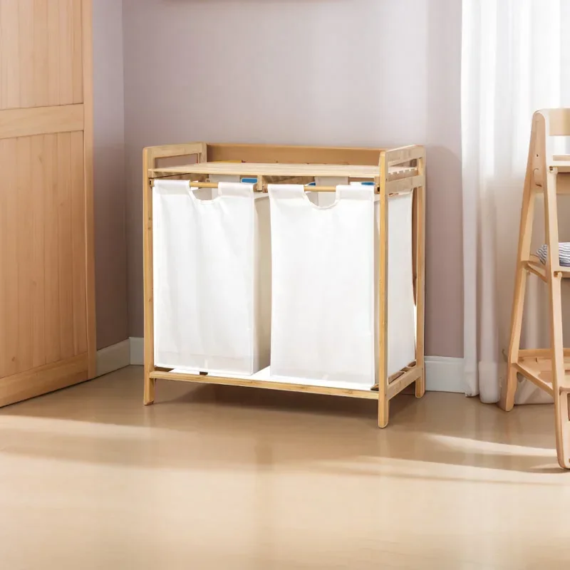 Multi functional bamboo double drawer storage rack Dirty clothes laundry living room bedroom bathroom storage baskets