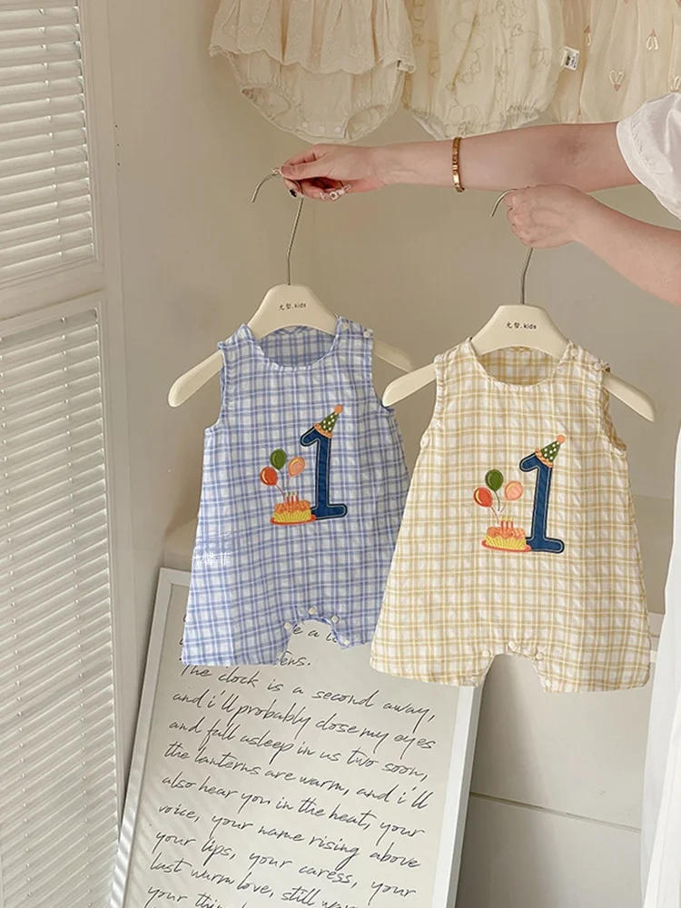

Комбинезон-шорты Xingfei ST Birthday Baby Rer 2025: Новинка, без рукавов, в клетку, с низкой талией, из хлопка, оригинальный дизайн