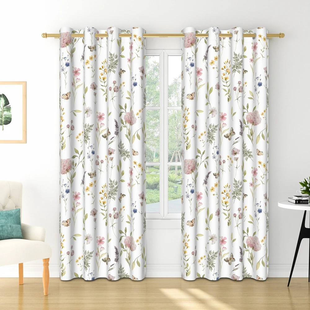 2-teiliger Aquarell-Blumenvorhang aus Polyestergewebe, maschinenwaschbar, für Wohnzimmer, Küche, Schlafzimmer, Verdunkelungsvorhänge