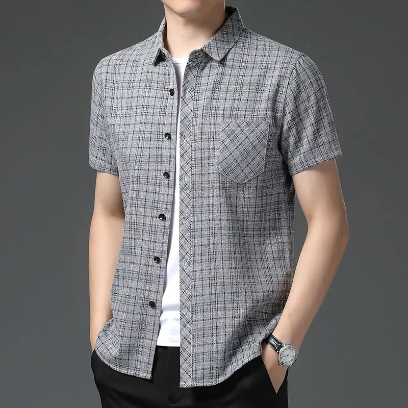 Summer New Lightweight Cotton Linen Men's Short Sleeve Shirt Casual Linen Plaid Top High Grade Half