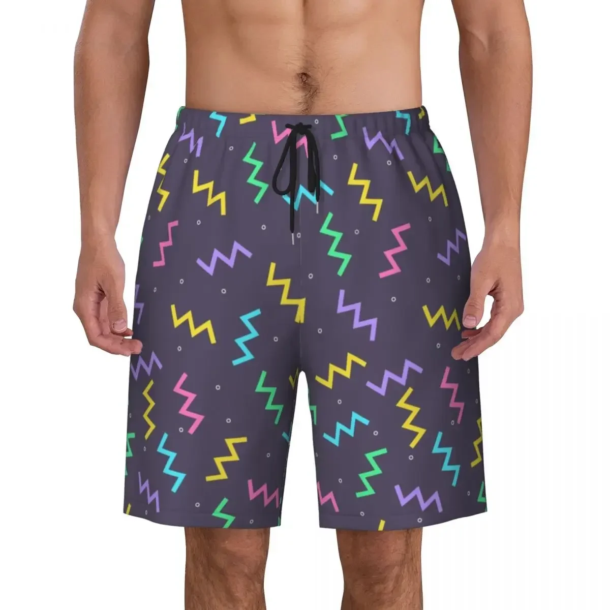 Electric  Pattern Board Shorts Mens Casual Beach Shorts Briefs Modern Geometric Zigzag Quick Dry Swim Trunks