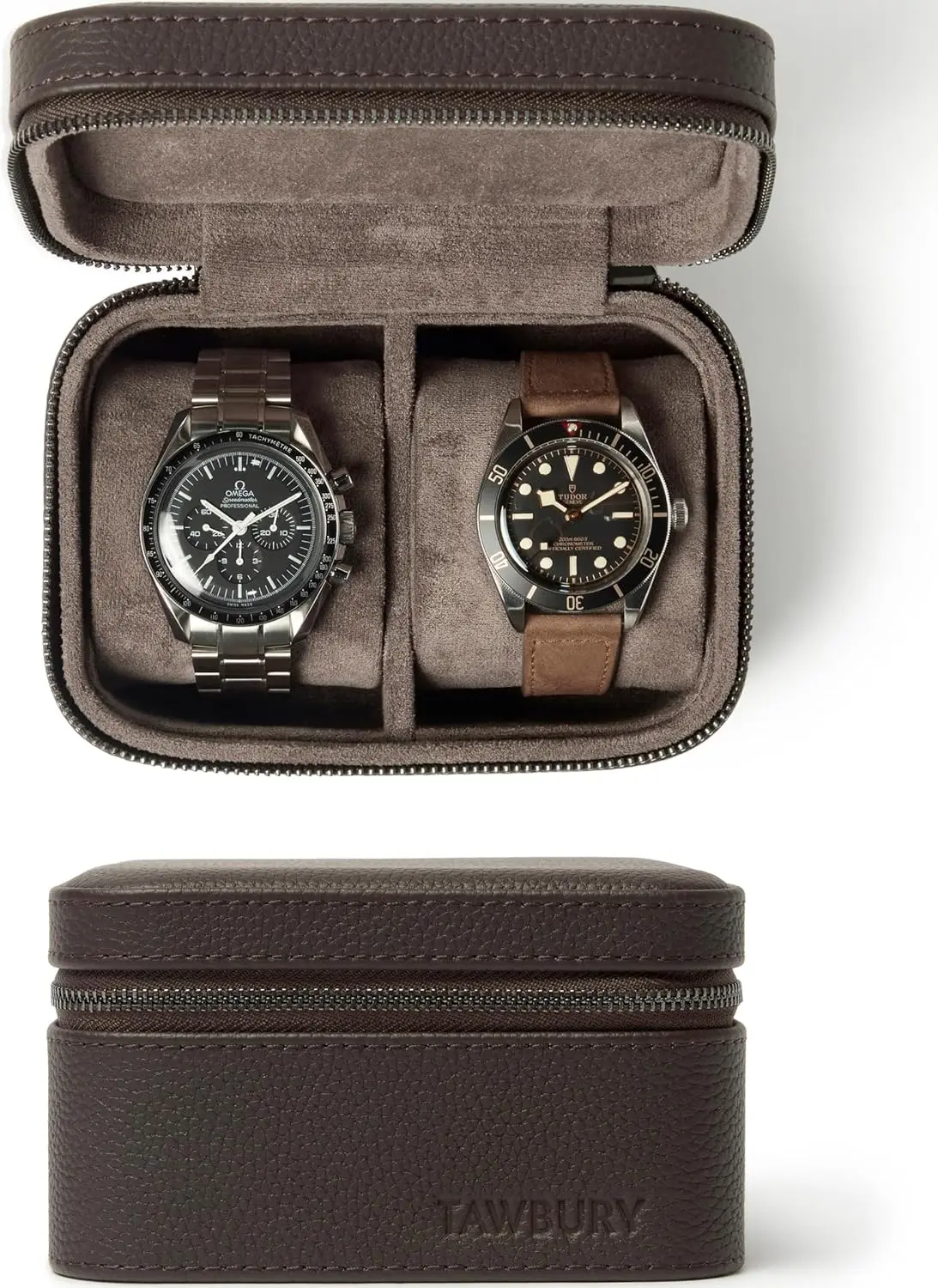 

Кейс для часов из натуральной кожи с металлической молнией и широкими подушечками для больших часов, коричневый