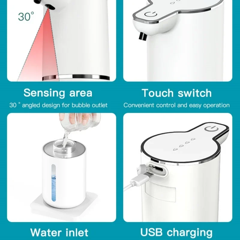 

TXF【Reliable】Soap Dispenser, Automatic Foaming Hand Soap Dispenser Touchless Rechargeable Bathroom Countertop 350ml 4 Level Adju