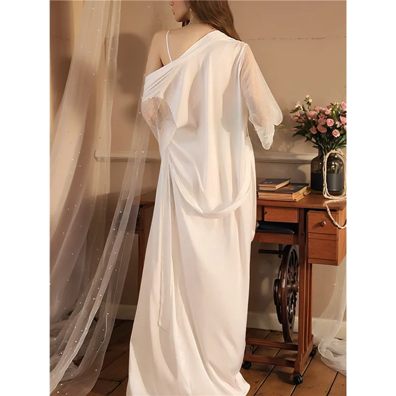 【ADORN】Women's Long-Sleeved V-Neck Satin Extra-Long Nightgown Spa Dressing Gown Bathrobe Nightgown