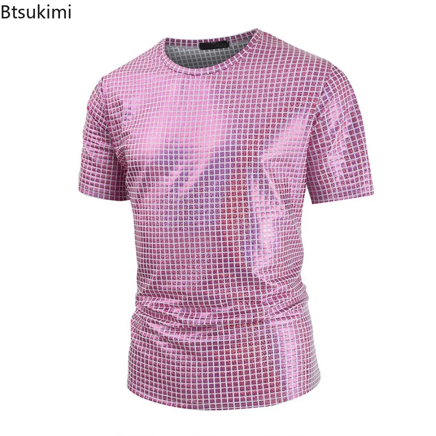 2026 Fashion Plaid Metallic Glossy T-shirt for Men Slim Short Sleeve DJ Nightclub O-neck Tops Stage Singer Prom Costume Tee Male