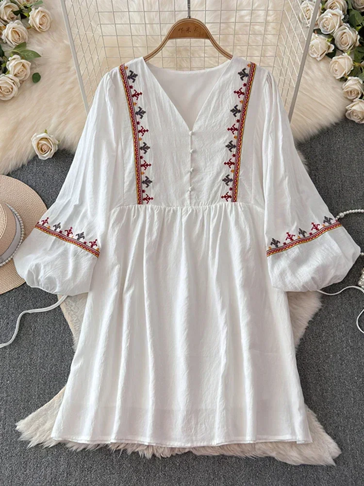 European American Style Women's New Cotton Linen 2024 Fashionable Lace Up Waist Slimming Patchwork Embroidered Short Dress A132