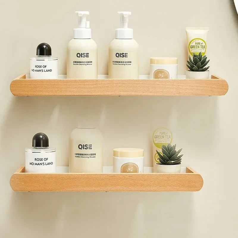 ‌White Beech Wood Bathroom Shelf Set - No Drill Over Toilet Organizer with Towel Hooks, Spa Vanity Storage for Powder Room