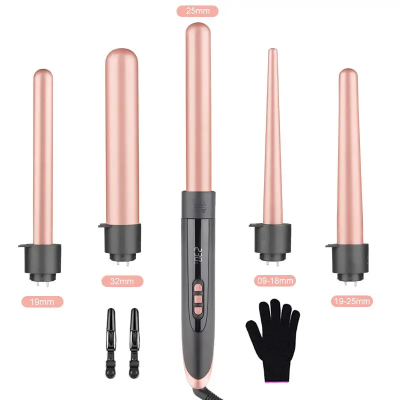 Professional 6 in 1 LCD Curling Wand Set Interchangeable Styler Hair Curler Waver 6 Barrel Curling Iron Private Label