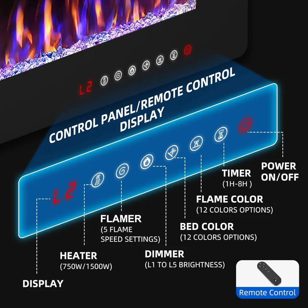 Electric Fireplace Inserts and Wall Mounted with Remote Control & Touch Screen 1500W Fireplace Heater with Timer