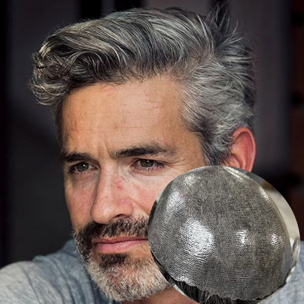 

Men's Natural Hairline Toupee 100%Human Hair Wig Brown Blonde Black Grey 1b50 Durable Full Thin Skin PU Man Capillary Prosthesis