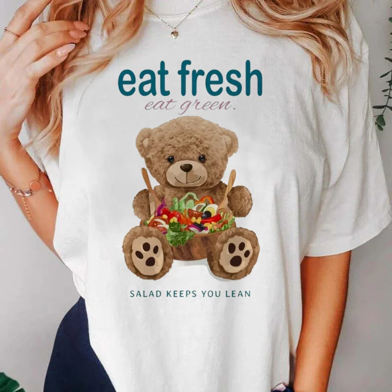 تي شيرت طباعة عادية تنوعا المرأة الدب نمط لطيف الأبيض قصيرة الأكمام المرأة شعبية س الرقبة الأساسية موضة تي شيرت #6