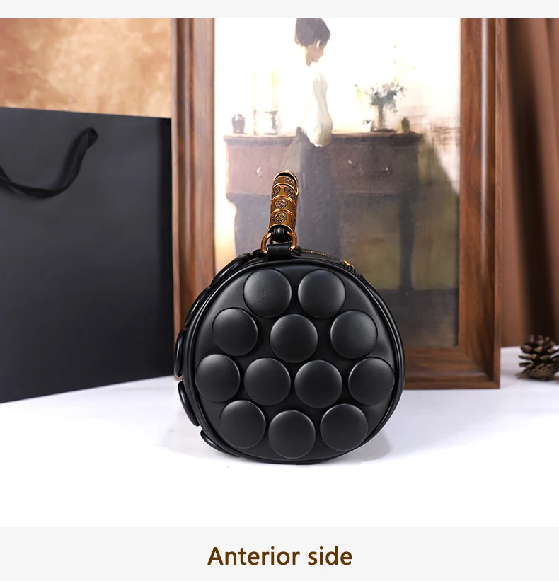 2026 Neues Design Damen Retro-Knopf-Lederhandtaschen Luxuriöse High-End Runde Röhrenförmige Bucket Bag Neue Mode Schulter-Umhängetasche – Detail 10