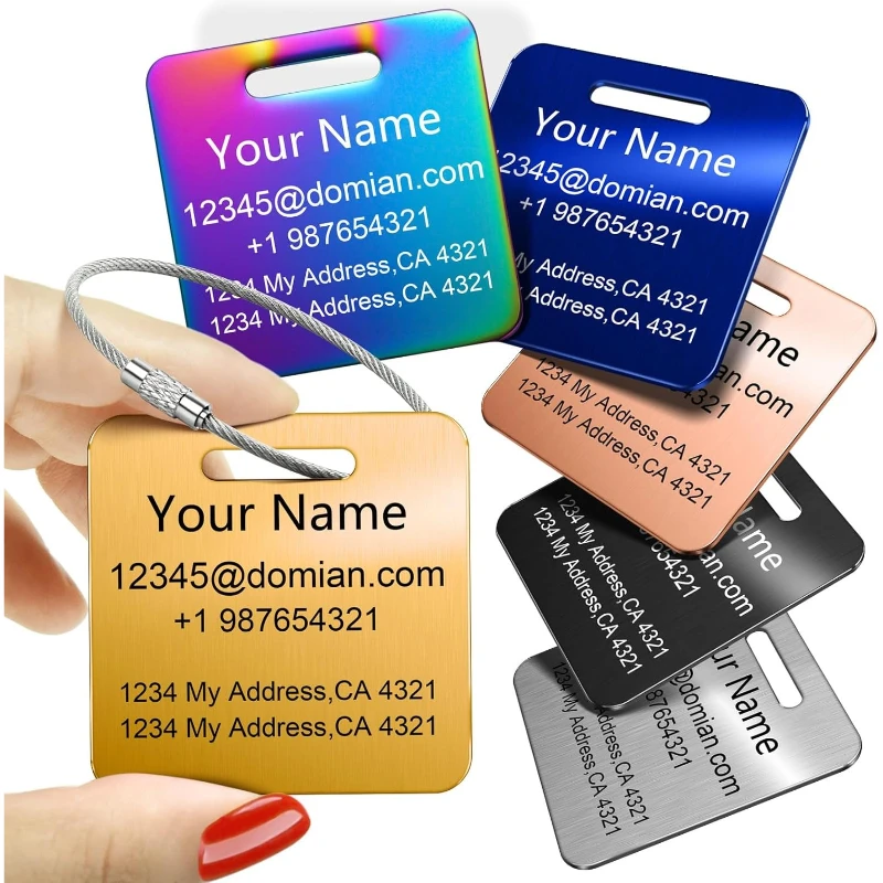 Personalisierter Kofferanhänger mit Namen, individueller Text, Gravur, personalisierte Etiketten, Anti-Verlust-Reisezubehör aus Edelstahl – Detail 1