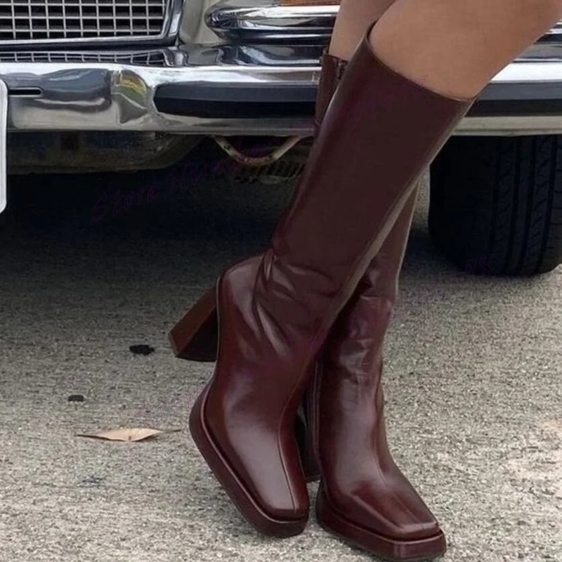 Brown Chunky Heels Knee High Boots Round Toe Shoes for Women Matte Leather Side Zippper Sexy Lady Shoes 2024 Zapatos Para Mujere