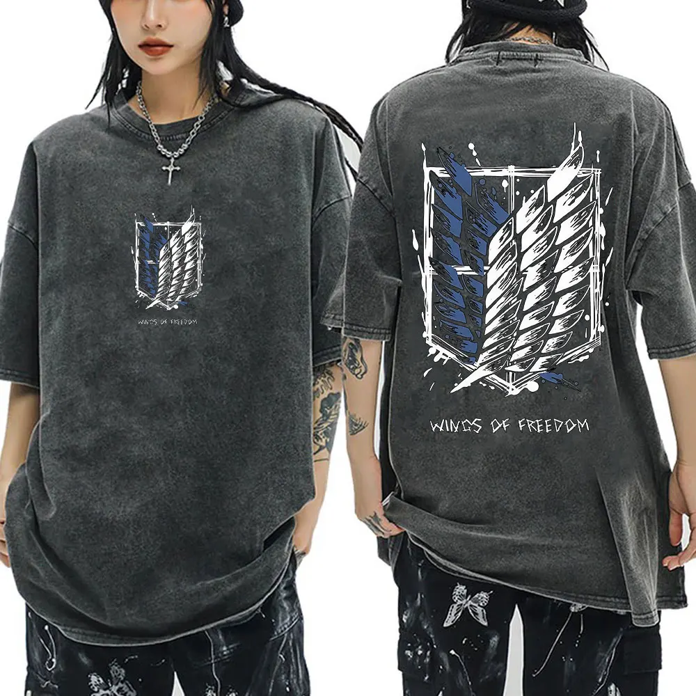 Vintage Anime Attack On Titan Mikasa Summer Streetwear Women's Tshirt Unisex Tee Top Men's Cotton Short Sleeve Washed T Shirt