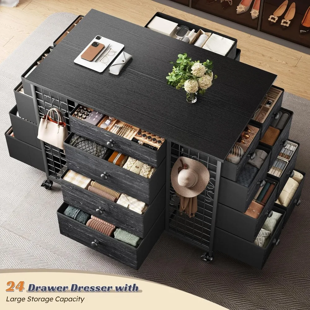 Schwarze Schrankeile mit 24 Schubladen und Rollen, 40 Zoll x 23 Zoll breite Holzplatte, Kleiderschrank, Schrank, Schlafzimmerinsel für Garderobe