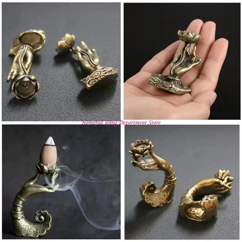 Set of 2 Antique Brasses Lotuses Buddhist Hand Sculpture Waterfall Backflow Incenses Burners for Aromatherapies and Meditations