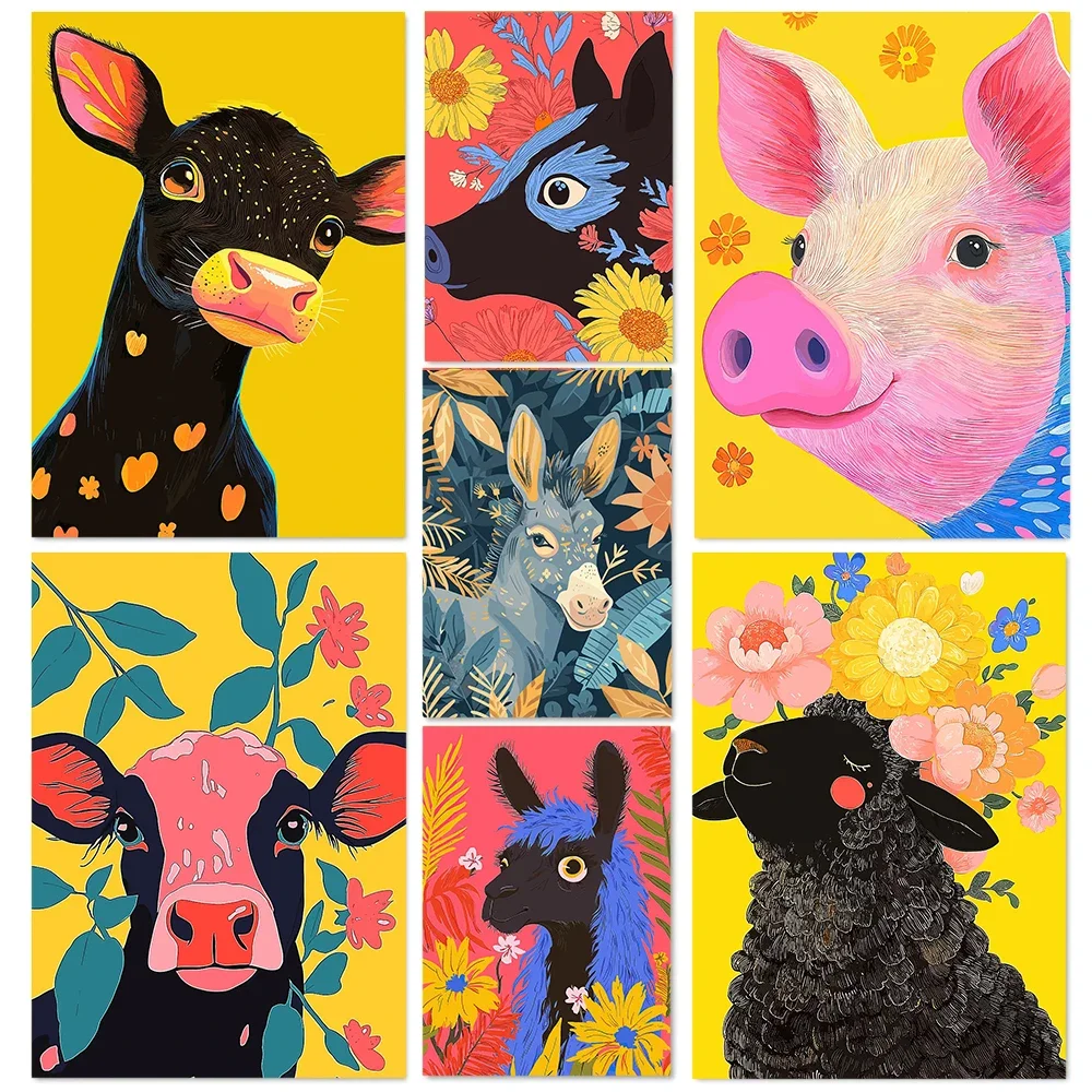 Dopamine Colored Animals Pig Deer Cow Sheep And Flowers Abstract Art Poster Canvas Prints Wall Painting Living Room Home Deco