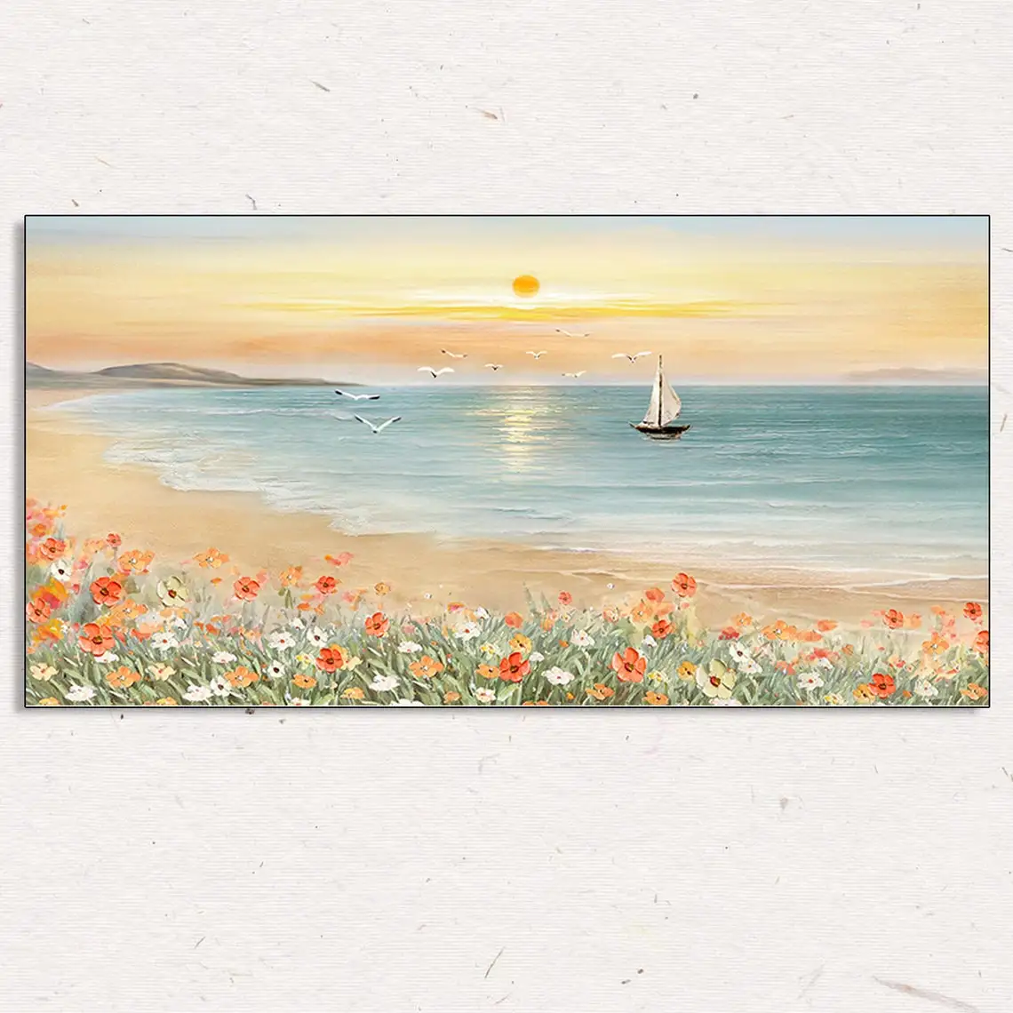 Sea View Decoration Canvas Wall Art Oil Painting Handmade Sunrise Blue Sea View Landscape For Bedroom Home Artwork Paintings