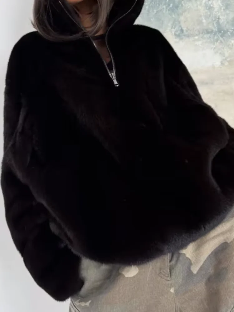 Lady Black Faux Mink Fur Zip Up Top Eco Artificial Warm Overcoat Loose Top 2026 Autumn Winter Daily Street Chic Hot Outerwear