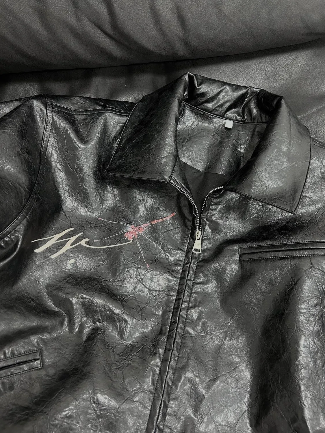 Retro Wrinkle Road  Neck Leather Jacket Women's Style High Definition Oil Ink Print Motorcycle Wind Autumn Winter New Arr...