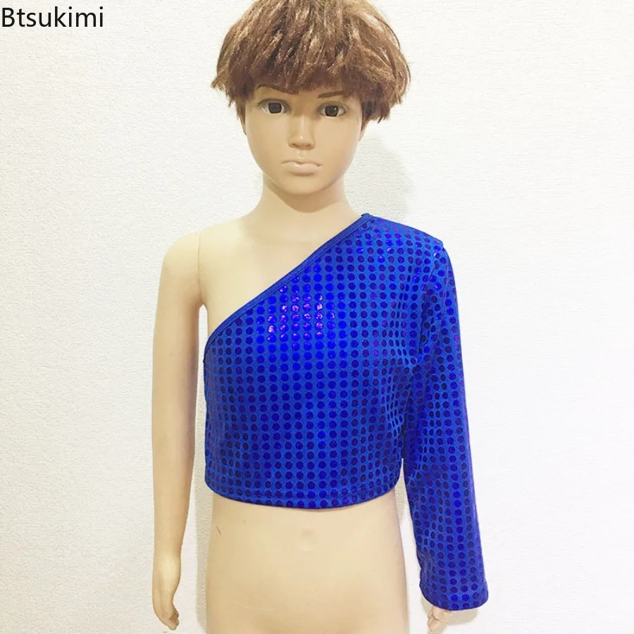 Kids Girls Boys Metallic Shiny Dots T-shirt Fashion Single Shoulder Long Sleeve Crop Top Cheerleading Dance Performance Costume