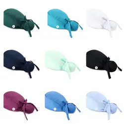 1PC Women Men Surgical Scrub Caps Ponytail Holder With Buttons Adjustable Dentist Nursing Hats Bouffant Long Hair Turban Hats