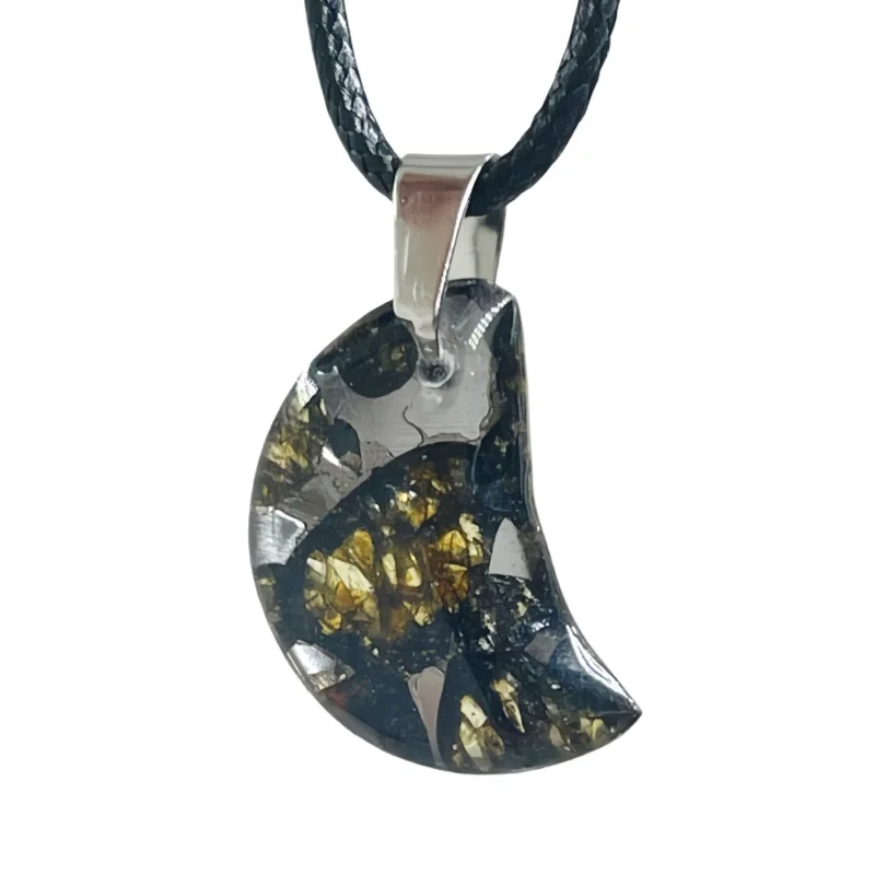 Seymchan Pallasite Meteorite Pendant Necklace Inlaid Resin Crescent Moon Meteorite Slice Jewelry Cosmic Collection Gift- LB176
