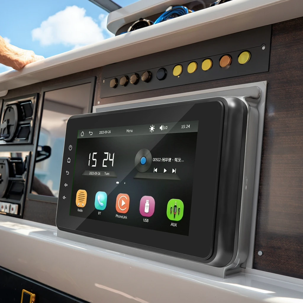 8인치 터치스크린 해양용 스테레오 유선 무선 카플레이 및 안드로이드 오토 MP5 플레이어 BT 스트리밍 IP66 요트 ATV UTV RV