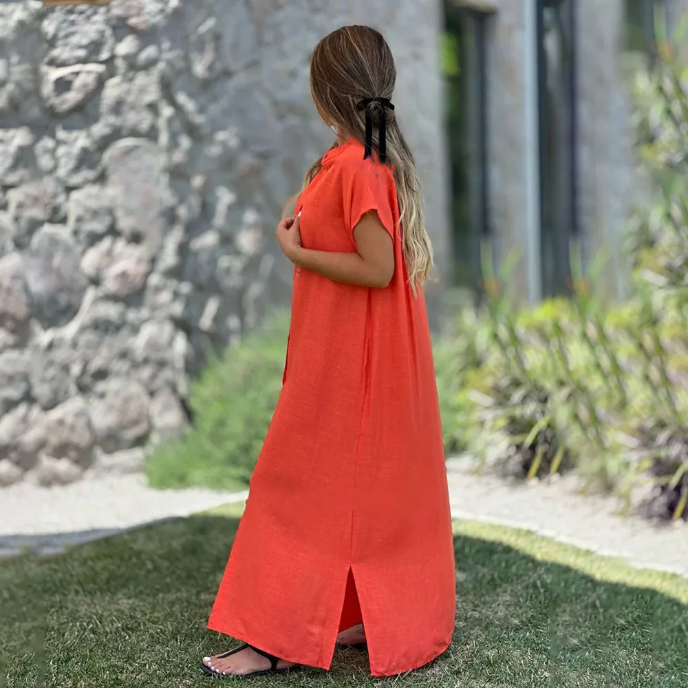 فستان ماكسي غير رسمي للنساء لصيف 2025 بأكمام قصيرة وفضفاض بلون سادة وياقة واقفة فساتين شاطئ طويلة أنيقة