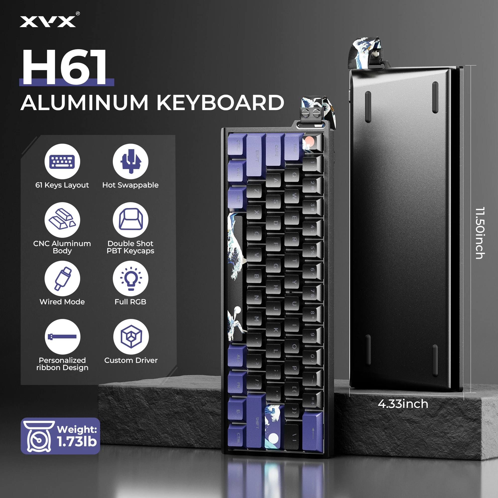 XVX H61 Wired Aluminum Mechanical Keyboard 60% with Kanagawa Keycaps Hot-swappable RGB Gamer Keyboard