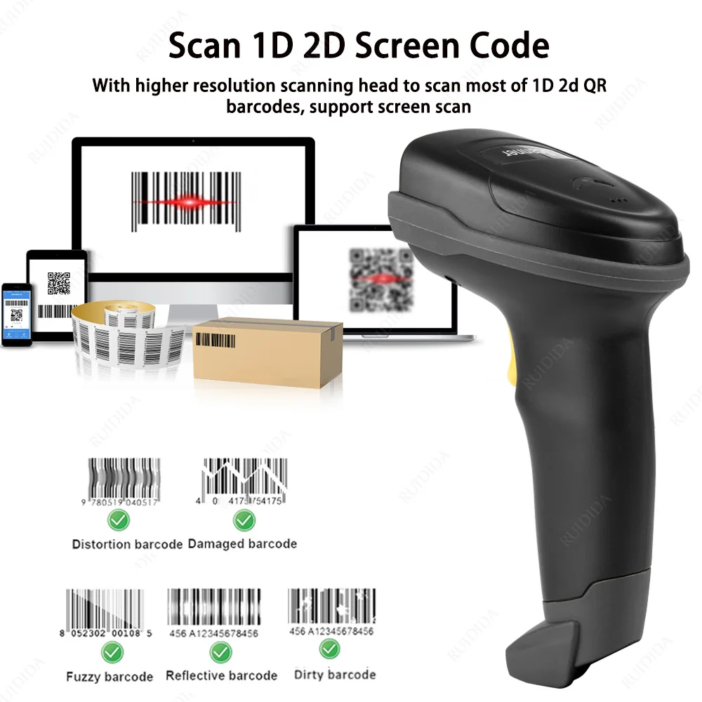 Wireless Bar Code Reader 1d 2d QR Code Scanner with charging Base Barcode Wireless Bar Reader Handheld Scanner DM Code PDF417