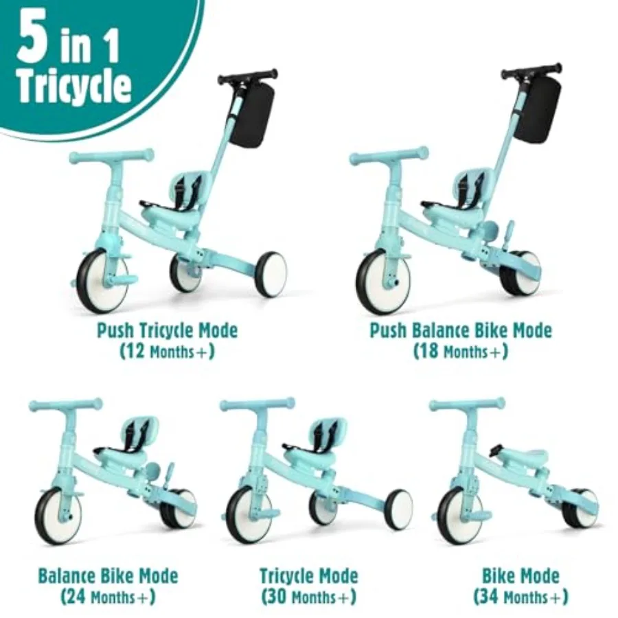 Tricycle 5 en 1 pour tout-petits avec poignée de direction pour 1-4 ans, pédales amovibles, jouet de premier équitation bleu, cadeau d'anniversaire pour Bo